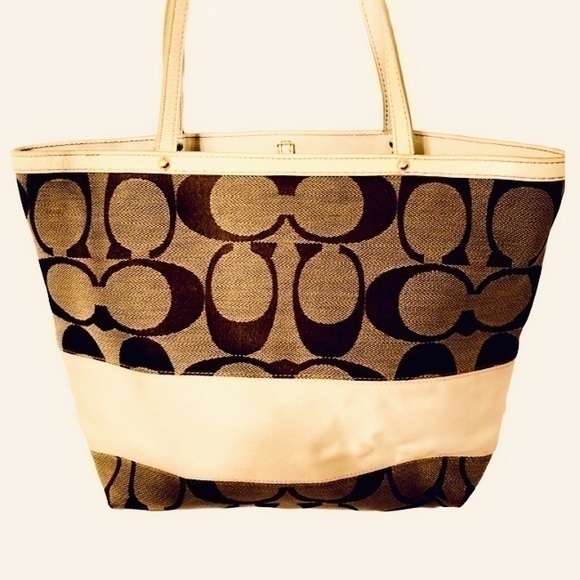 COACH legacy khaki brown signature stripe tote - Picture 1 of 16